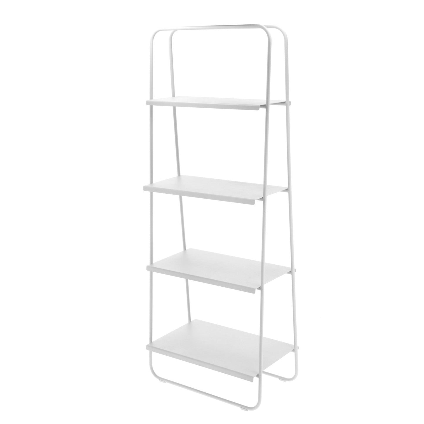 White metal shelf with four shelves on a white background